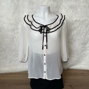 sheer button up ruffle blouse